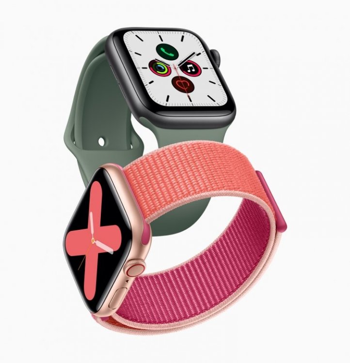 sm.Apple_watch_series_5-gold-aluminum-case-pomegranate-band-and-space-gray-aluminum-case-pine-green-band-091019.750.jpg